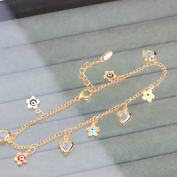 "Evil Eye Flower & Heart Charm Rose Gold Anklet, XPAL1190 - Picture 9 of 12